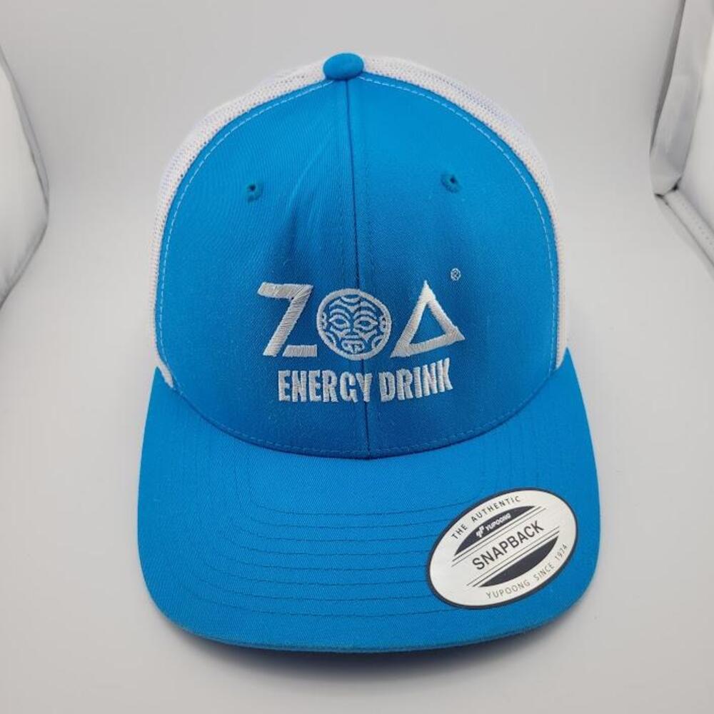 ZOA Energy Drink Hat Cap Snap Back Blue White Trucker Mesh Embroidered Mens
